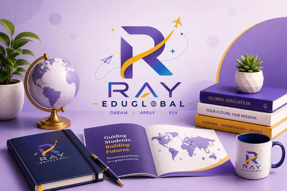 Ray EduGlobal brand collage with globe, notebooks, and study-abroad guidebook